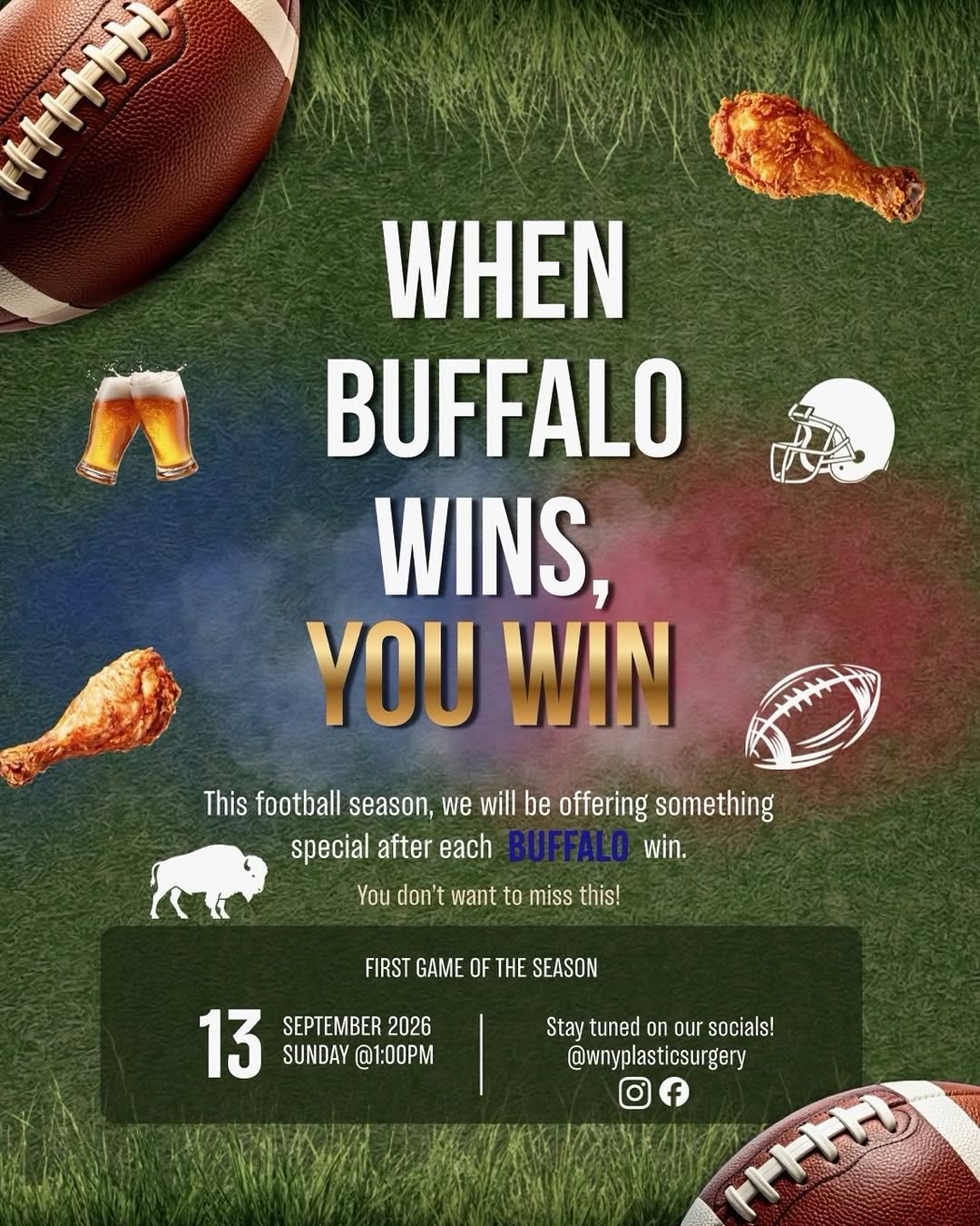 Instagram post by Dr. Andrew P. Giacobbe: Happy Football Season 🏈✨ We will be offering limited-time specials every time Buffalo wins!!🦬🏆 Make sure to stay notified on our posts th…