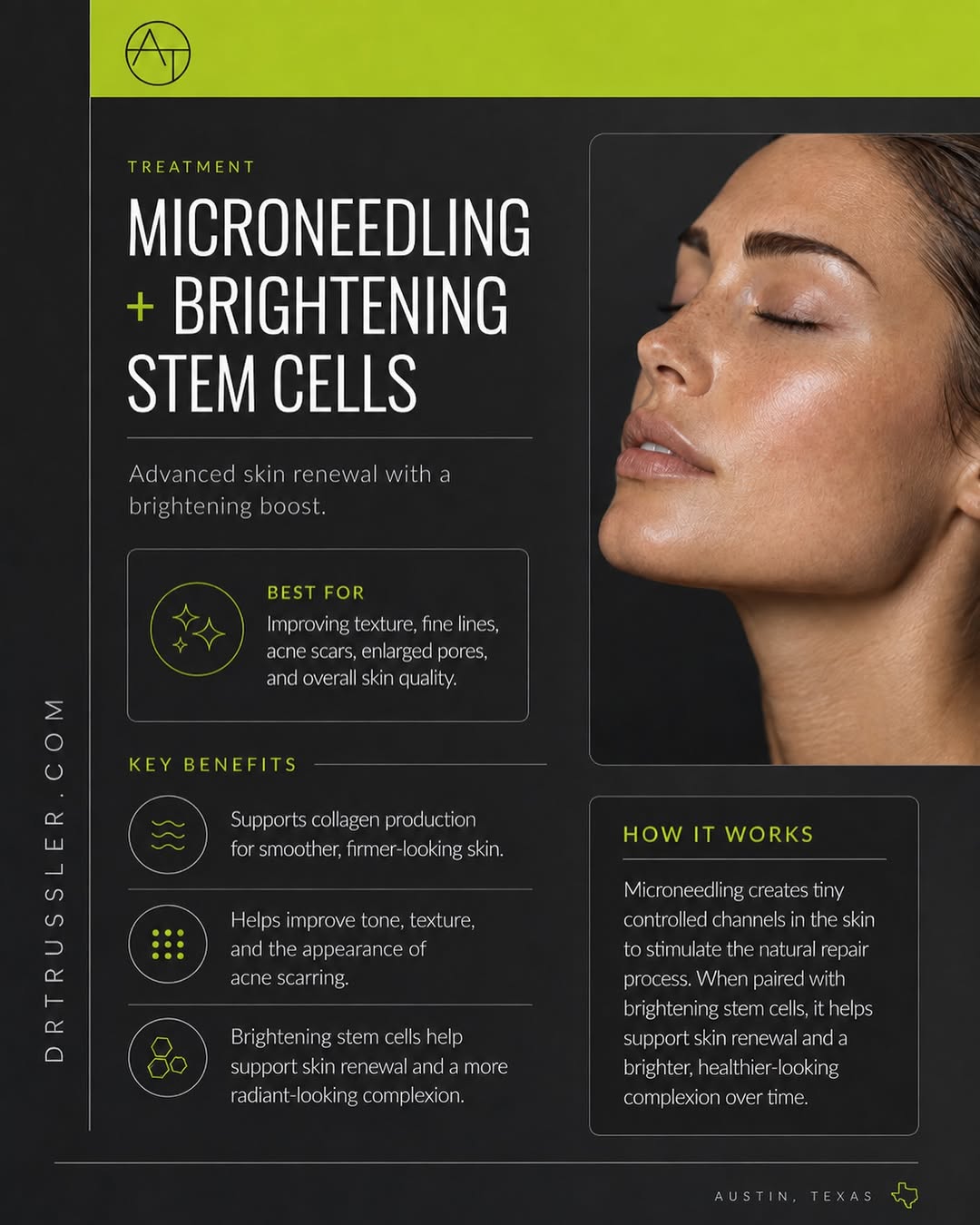 Instagram post by Dr. Andrew P. Trussler: Smoother texture. Brighter skin. Better overall skin quality. Microneedling with brightening stem cells is a collagen-stimulating treatment …