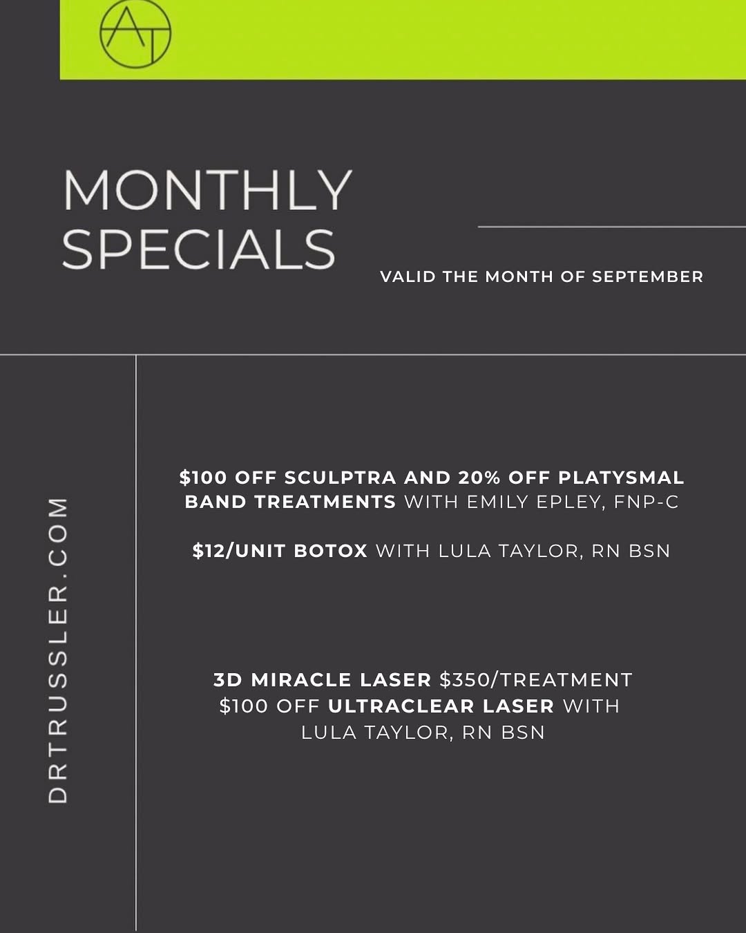 Instagram post by Dr. Andrew P. Trussler: September specials are here ✨ Consider this your sign to book the treatment that’s been sitting on your list. This month at Dr. Trussler Pla…