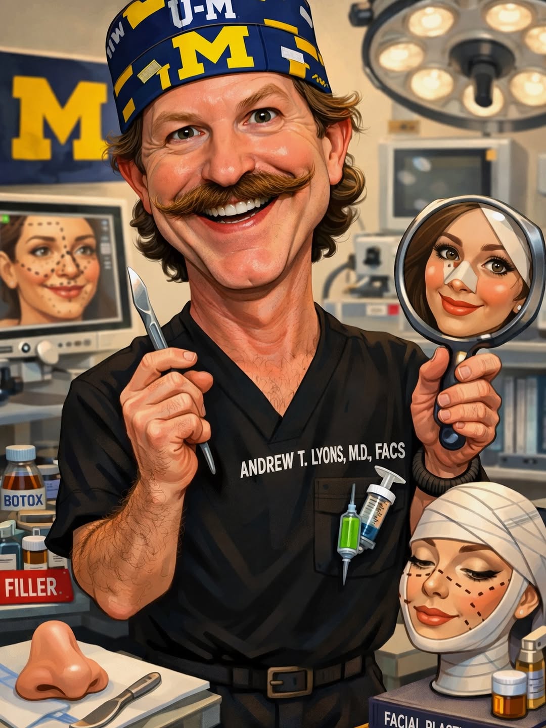 Instagram post by Dr. Andrew T. Lyos: Trust the process… and the mustache 😏 Hopped onto the trend 😂 #aicartoon #plasticsurgeon #humor #houston