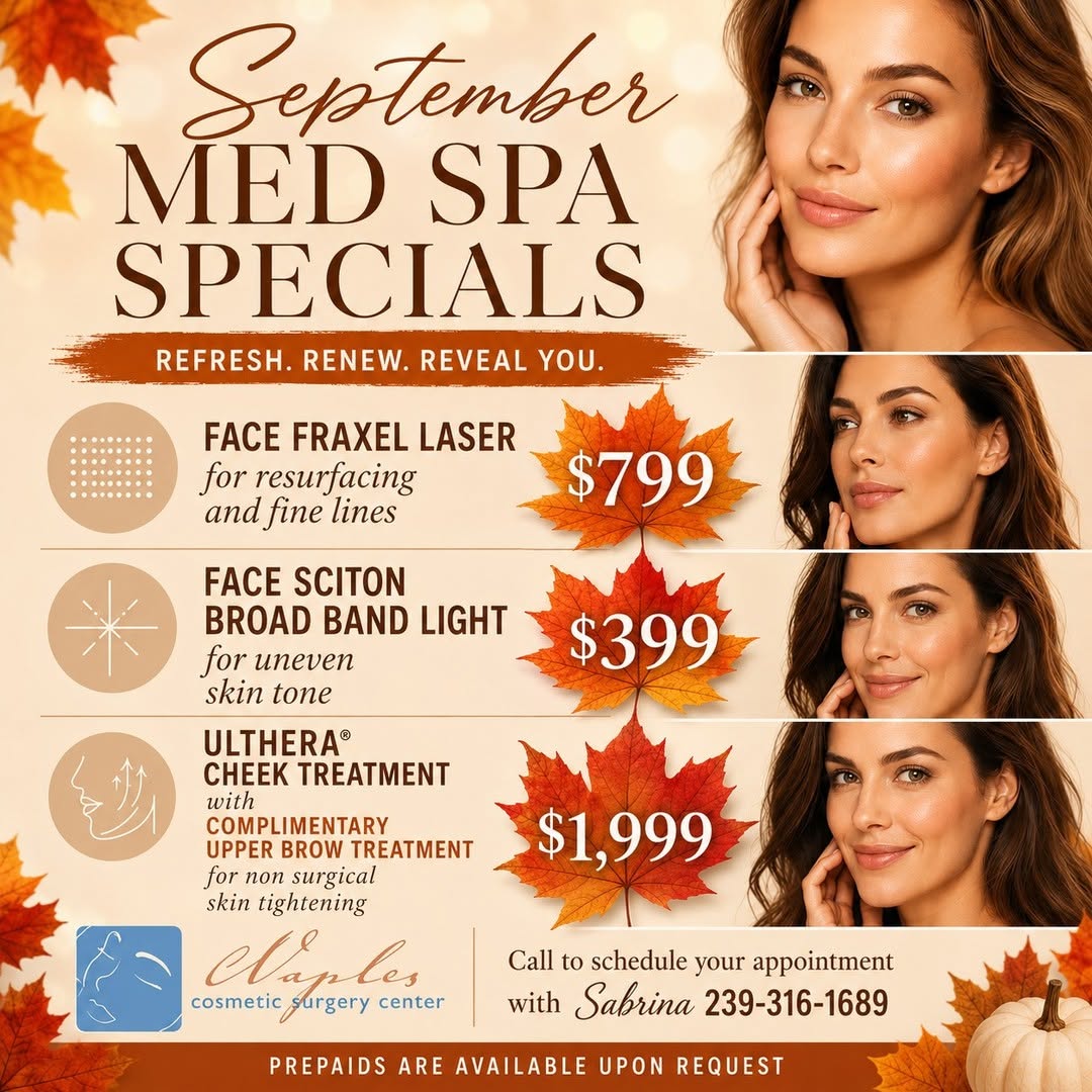 Instagram post by Dr. Andrew Turk: Fall into Beauty! September Med Spa specials are here, call to day to schedule your appointment with Sabrina 239-316-1689 Prepaids are avail…