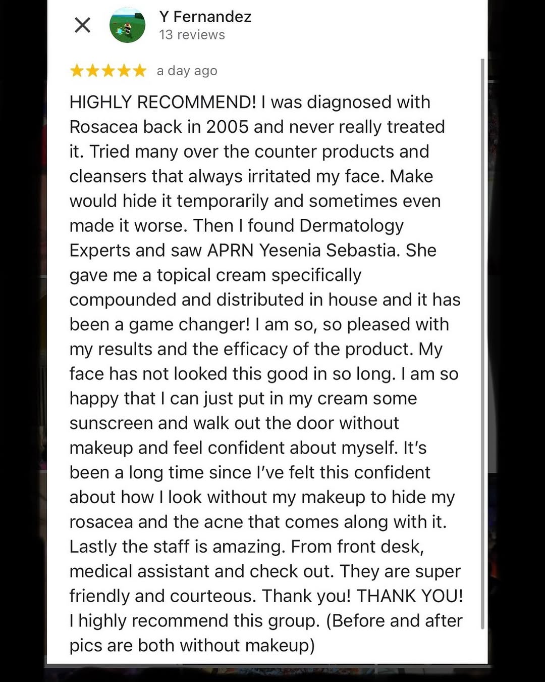 Instagram post by Dr. Angelo Ayar: We love a good review! It’s always a pleasure to care for such wonderful patients! 954-726-2000 / dermexperts.com