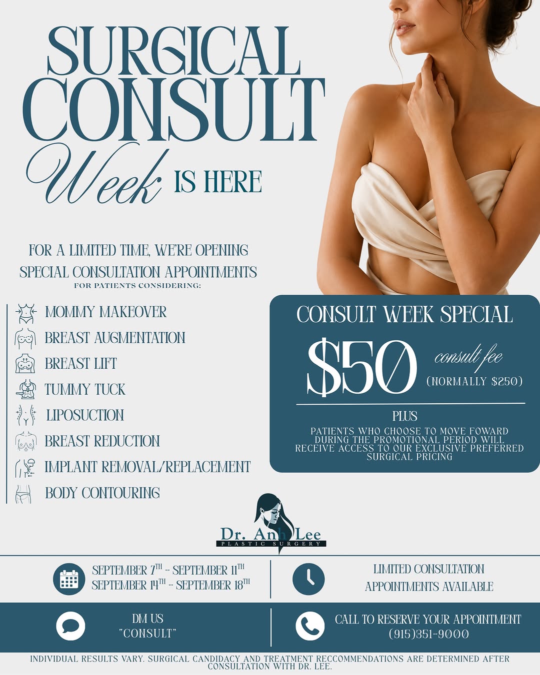 Instagram post by Dr. Anh Lee: ✨ SURGICAL CONSULT WEEK IS HERE! ✨ Been thinking about surgery? This is the perfect time to take the next step with Dr. Anh Lee. For a limit…