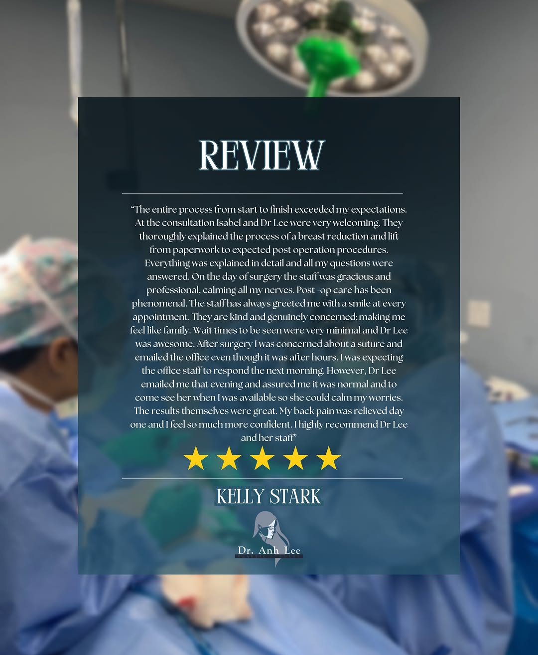 Instagram post by Dr. Anh Lee: ✨FRIDAY REVIEW✨ Ending the week with a little love from one of our amazing patients🩵 Thank you for trusting Dr.Lee and our team with your j…