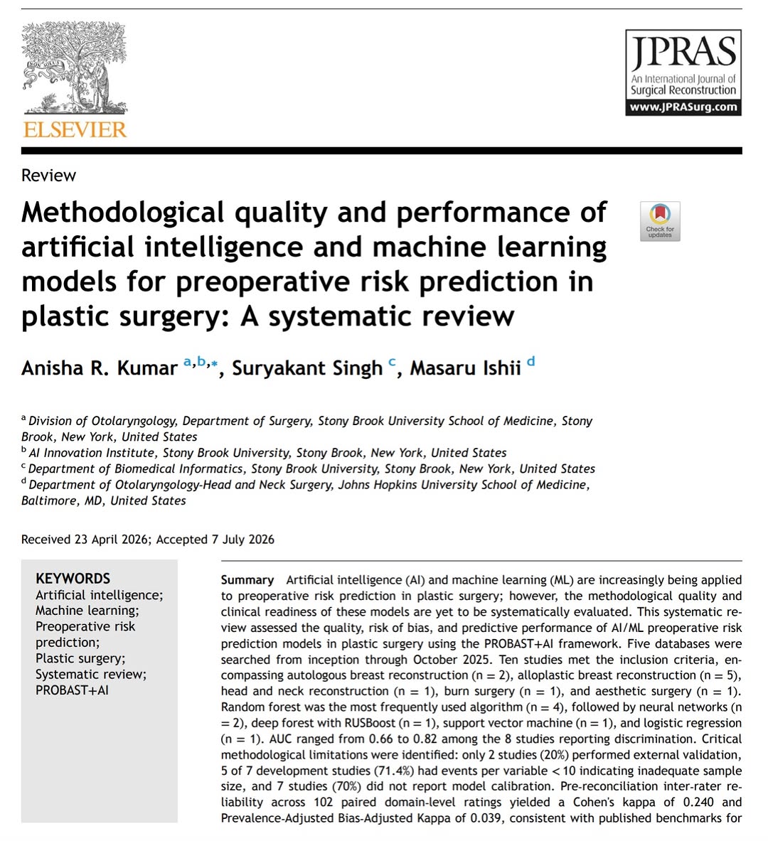 Instagram post by Dr. Anisha Kumar: Are AI models for surgical risk prediction in plastic surgery ready for clinical use? We reviewed the best available evidence using PROBAST+…