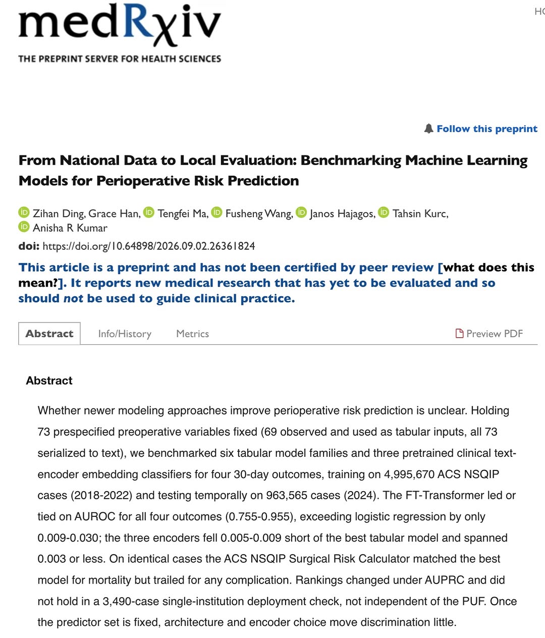 Instagram post by Dr. Anisha Kumar: Our new preprint is up on medRxiv, and it addresses a question of surgical safety: does more advanced AI actually predict surgical complicat…