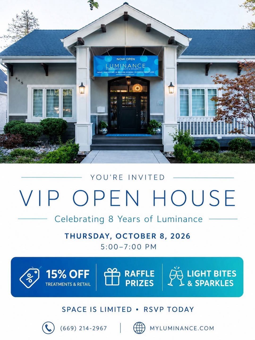 Instagram post by Dr. Anjali Dhar: You’re invited to celebrate 8 years of Luminance! Join us for our VIP Open House featuring 15% off treatments & retail, raffle prizes, light…