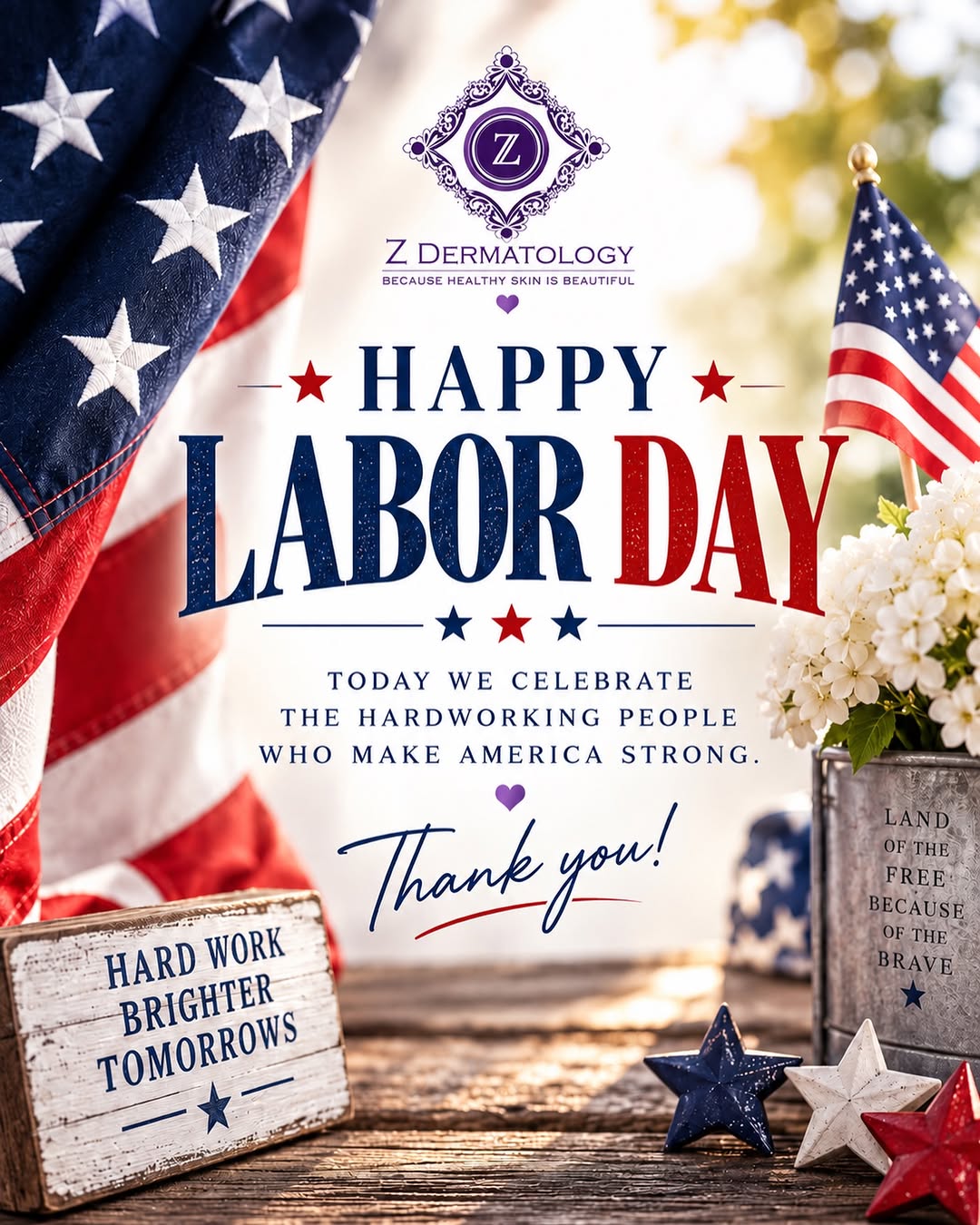 Instagram post by Dr. Ann Zedlitz: 🇺🇸 Happy Labor Day from Z Dermatology! ❤️🤍💙 Today we celebrate the hardworking people who make America strong. Wishing everyone a fun & …