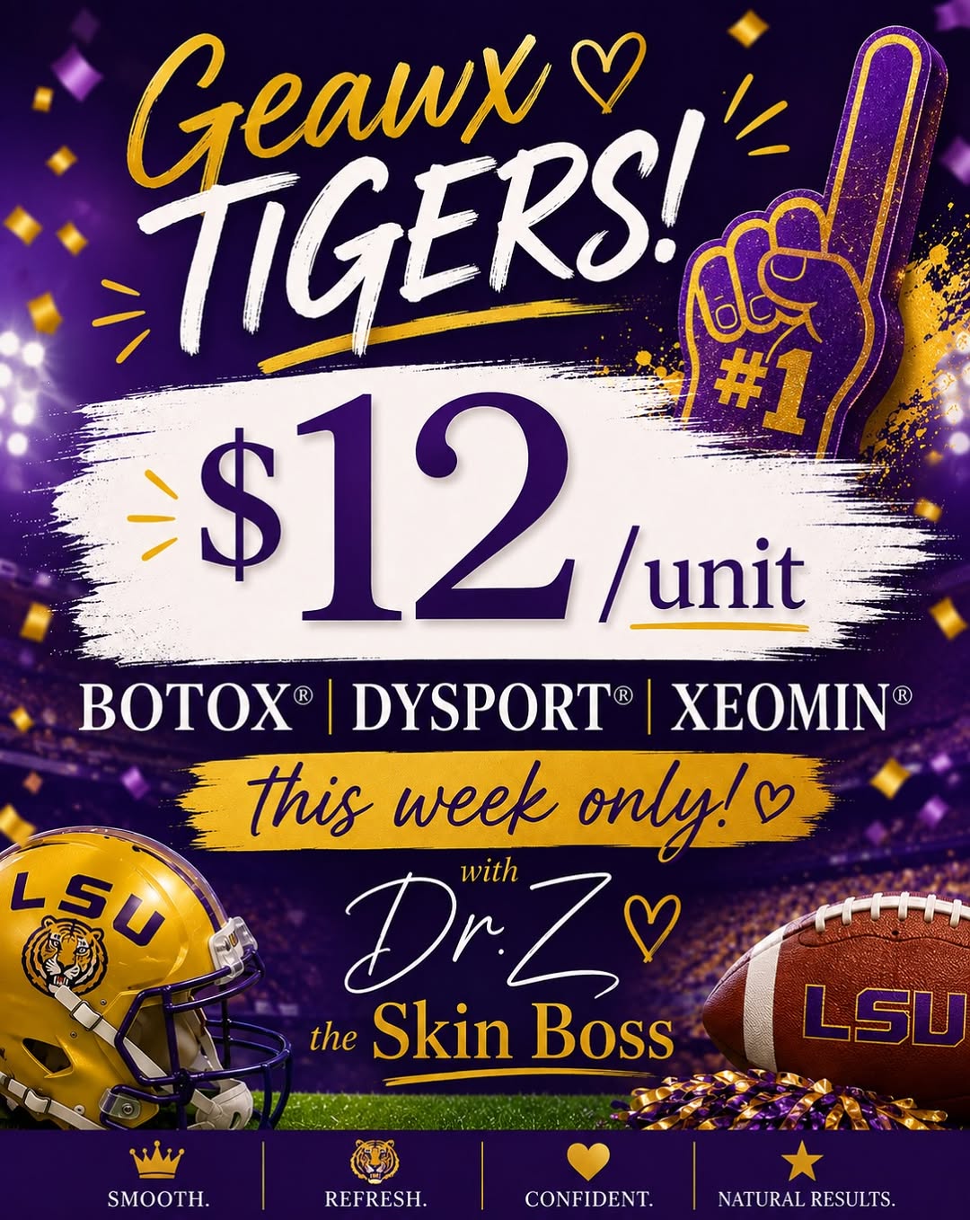 Instagram post by Dr. Ann Zedlitz: Game Day ready starts with a little help from the Skin Boss! 💜💛🐯 This week only, score Botox®, Dysport® or Xeomin® for $12/unit with Dr. …