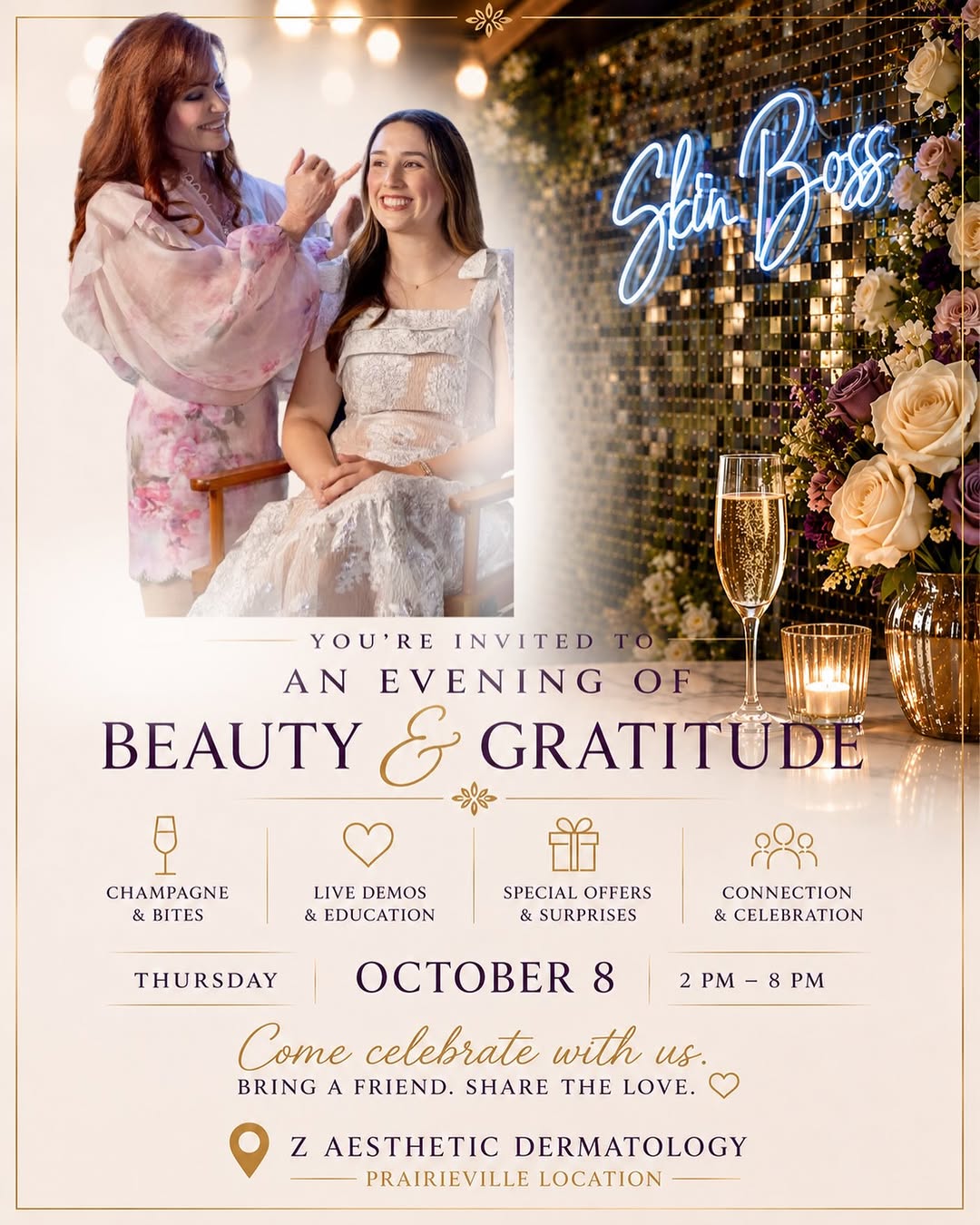 Instagram post by Dr. Ann Zedlitz: BEAUTY & GRATITUDE — YOU’RE INVITED! ✨ Join Dr. Z & The Z-Team for our Prairieville Open House on Thursday, October 8 | 2–8 PM. 🥂 Champagne…