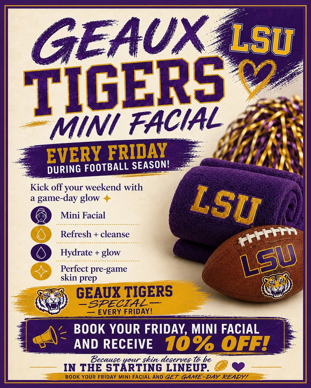 Instagram post by Dr. Ann Zedlitz: Geaux Tigers! 💜💛 Kick off your game-day weekend with fresh, hydrated skin! Book a Friday Mini Facial during football season and receive 10…