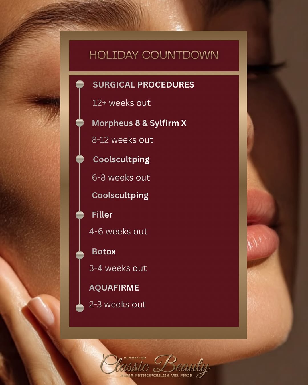Instagram post by Dr. Anna Petropoulos: Holiday countdown is on! Planning a special event or getaway? Timing is everything. From surgical procedures to injectables and skin treatme…