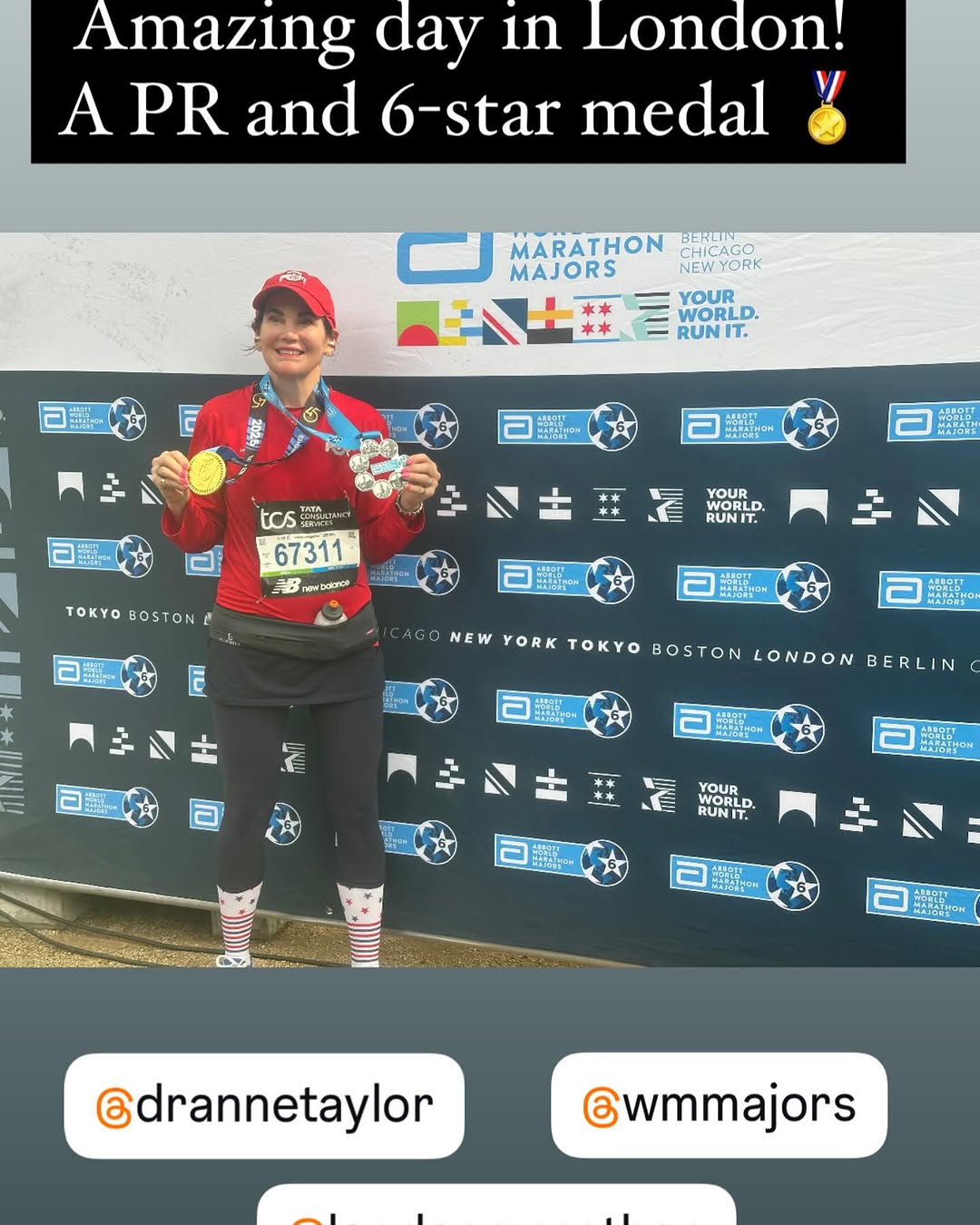 Instagram post by Dr. Anne Taylor: ✔️Abbot World Major 6-star medal And a PR And the best cheer squad #abbottwmm #6starfinisher #runhappy #6run4 #buckeyenation #buckeyerunner …