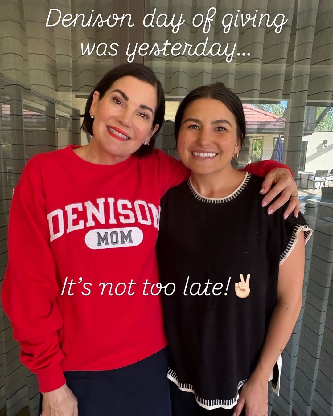 Instagram post by Dr. Anne Taylor: It’s not too late! Here’s to our fair college on the hill✌🏻🫶🏻 #denison #proudparent #faircollegeonthehill #denisonuniversity