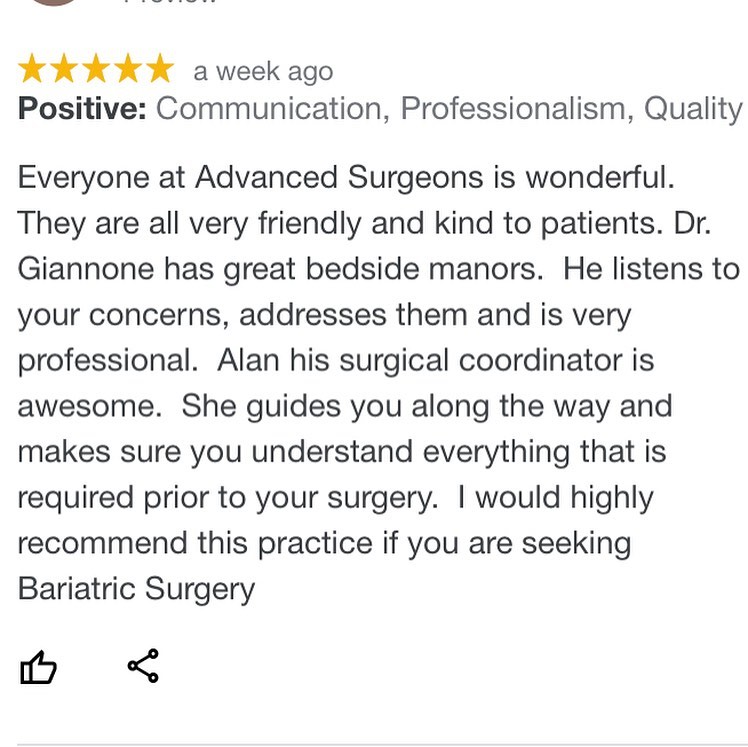 Instagram post by Dr. Anthony Maffei: These are just a handful of the ⭐️ ⭐️ ⭐️ ⭐️ ⭐️ reviews for our team at Advanced Surgeons! Please feel free to share your reviews and success…