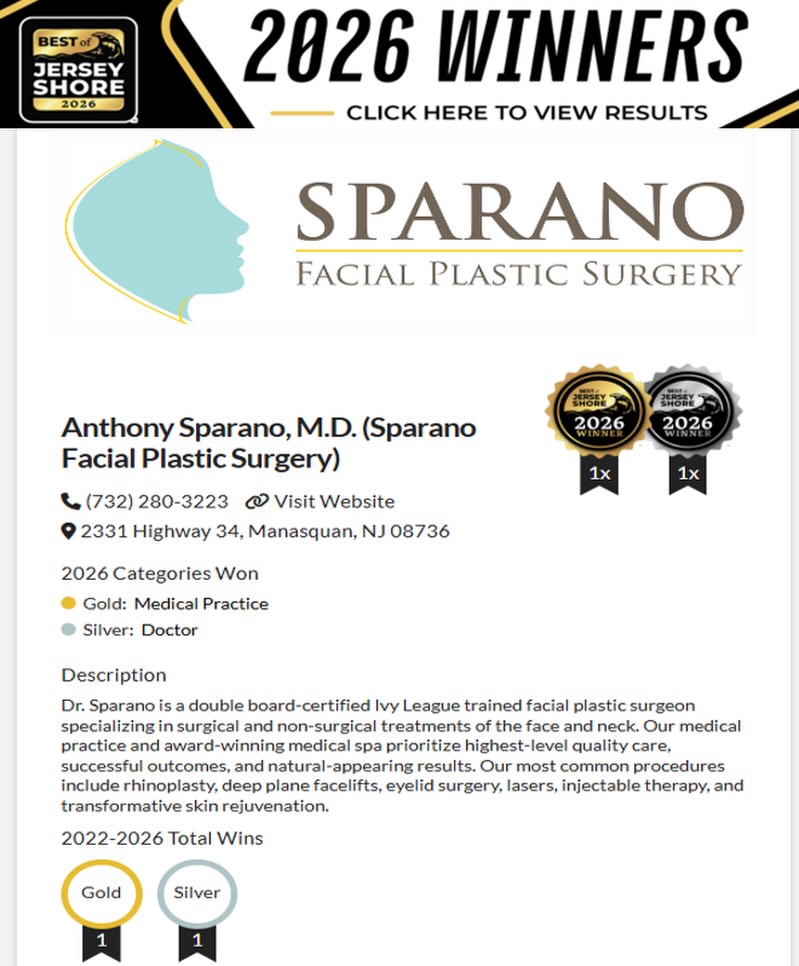 Instagram post by Dr. Anthony Sparano: Awards season just kicked off and so far we’re one for one. We received the Best of the Jersey Shore Gold Medal Award for Best Plastic Surgi…