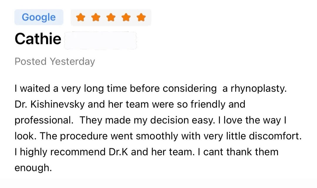 Instagram post by Dr. Anya Kishinevsky: Another five-star review, and one that means so much. After taking her time to consider rhinoplasty, Cathie trusted me and my team with her …