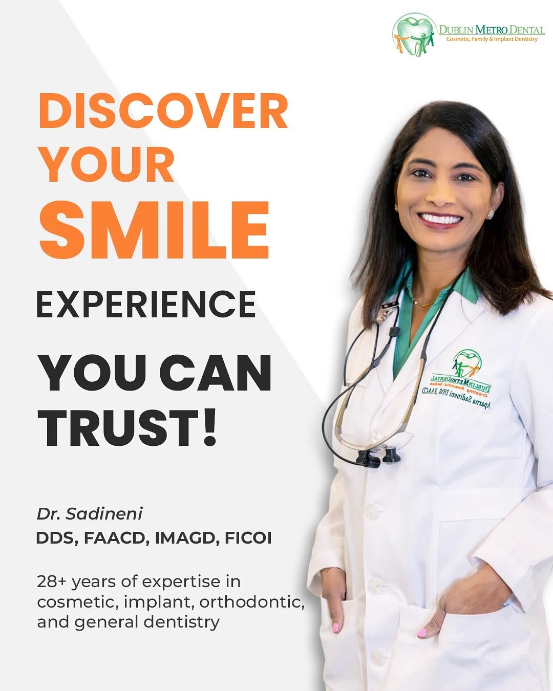 Instagram post by Dr. Aparna Sadineni, DDS: ✨ Discover the difference with Dublin Metro Dental, where expertise meets compassion! With 28+ years of experience, prestigious credentials,…