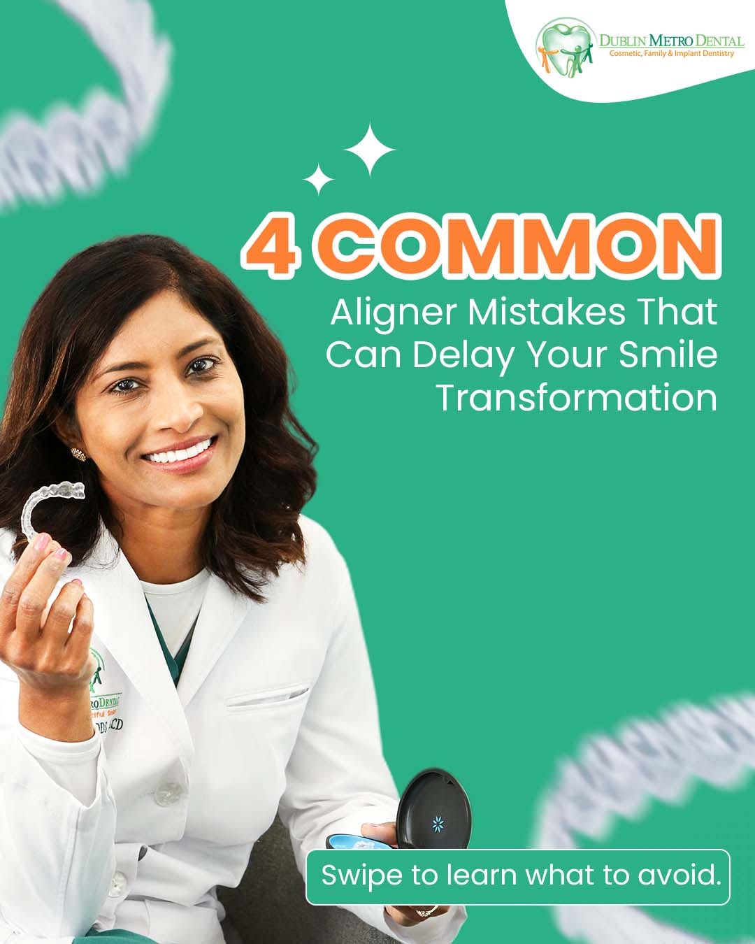 Instagram post by Dr. Aparna Sadineni, DDS: Don't let small habits delay your smile transformation! 💡😁 Clear aligners rely on continuous, precise pressure to shift your teeth into pl…