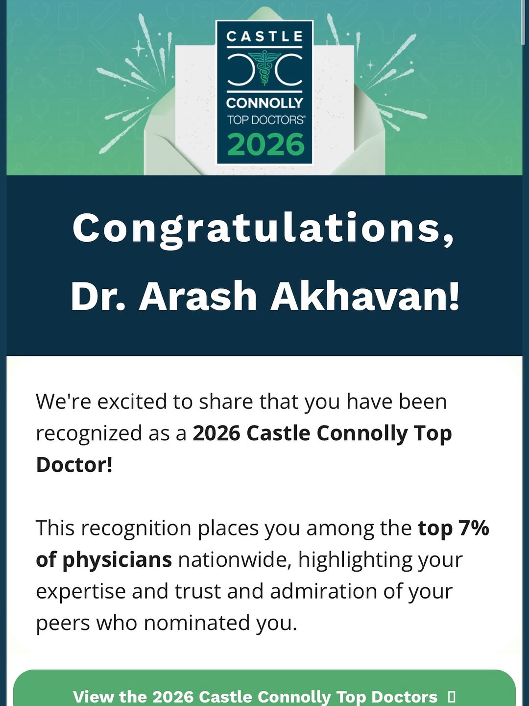 Instagram post by Dr. Arash Akhavan: Thank you @castle_connolly for the recognition! We are proud to have Dr. Arash Akhavan included with such a great group of colleagues.