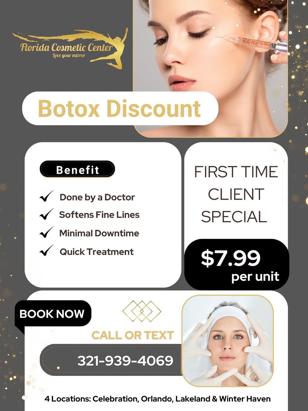 Instagram post by Dr. Arash G. Pasha: ✨ First-Time Botox Special ✨ New to Florida Cosmetic Center? Enjoy Botox for only $7.99 per unit! 💉 Physician administered ✨ Smooths the ap…