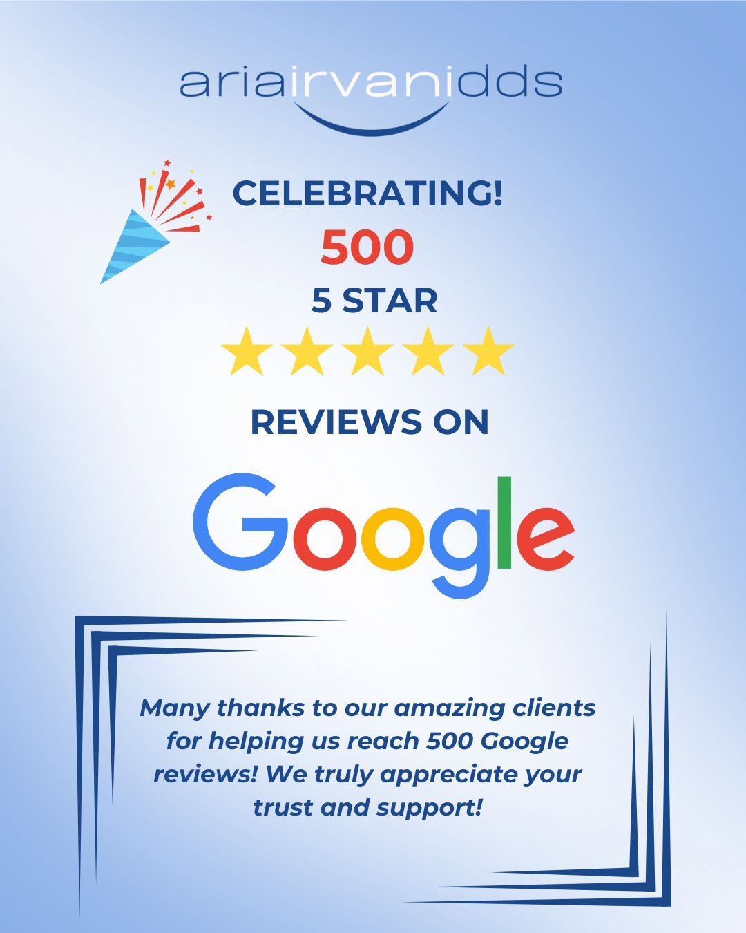 Instagram post by Dr. Aria Irvani, DDS: To every single one of you who took the time to leave a review, thank you from the bottom of our hearts. Your feedback not only helps us gro…