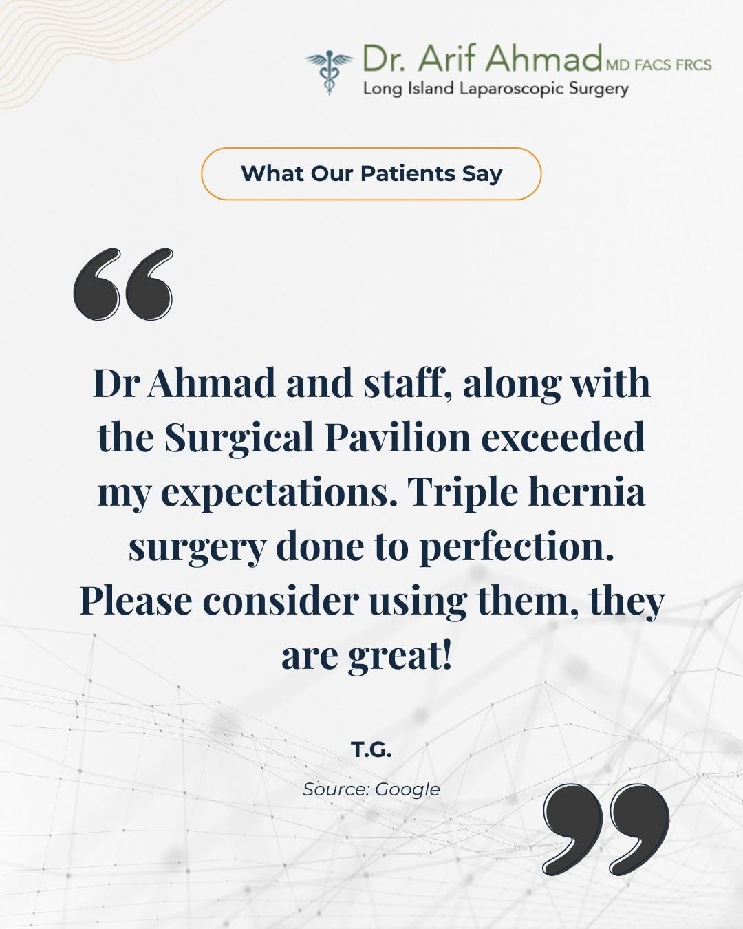 Instagram post by Dr. Arif Ahmad: Thank you for your wonderful feedback! We are delighted that you had a positive experience with us! #LongIslandLaparoscopicSurgery #DrAhmadM…