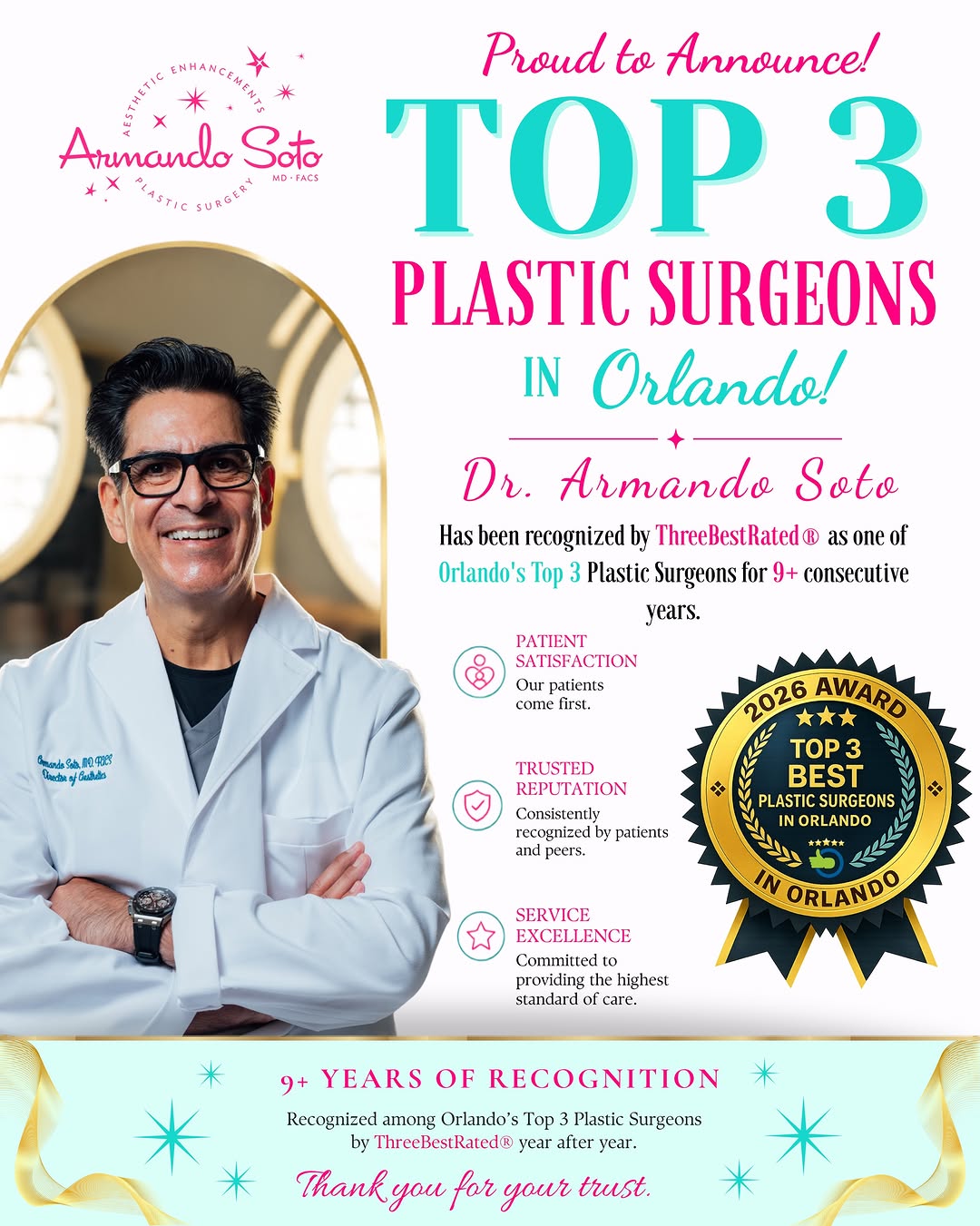 Instagram post by Dr. Armando Soto: Please join us in congratulating Dr. Armando Soto! 🎉 We’re proud to share that Dr. Soto has once again been recognized by ThreeBestRated® a…