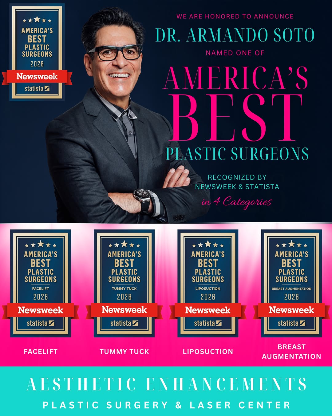 Instagram post by Dr. Armando Soto: Excellence recognized on a national level. ✨ Dr. Soto has been named one of America’s Best Plastic Surgeons 2026 by Newsweek and Statista, e…