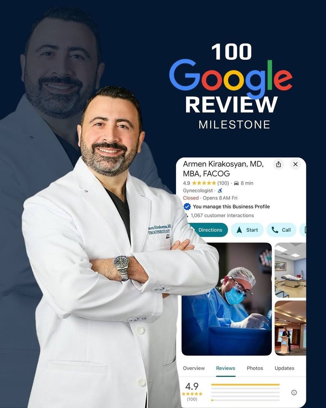 Instagram post by Dr. Armen Kirakosyan: Today is not just Doctor’s Day. It’s also a meaningful milestone — 100 patient reviews on Google. Behind each review is trust, care, and rea…