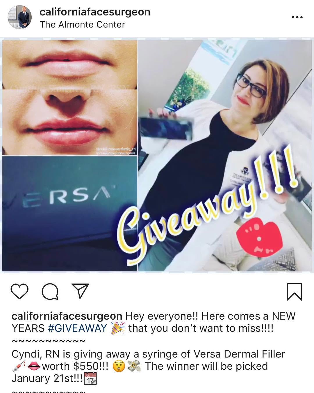 Instagram post by Dr. Arnold Almonte, DO: Go to @californiafacesurgeon for a Versa Dermal Filler GIVEAWAY!!!! 💉👄 #roseville #rocklin #california #giveaway #instagiveaway #lincoln #…