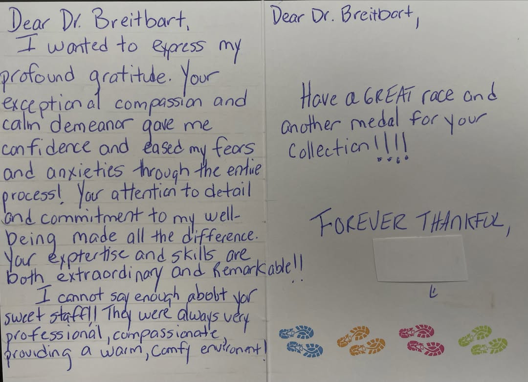 Instagram post by Dr. Arnold S. Breitbart: Thanks for the nice note! Always glad to put my patients at ease and deliver great results. #plasticsurgery #thankyou #running