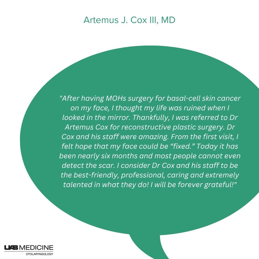 Instagram post by Dr. Artemus Cox: This lovely patient underwent MOHs surgery to remove basal cell carcinoma on her face. We restored the treated area through facial reconstru…