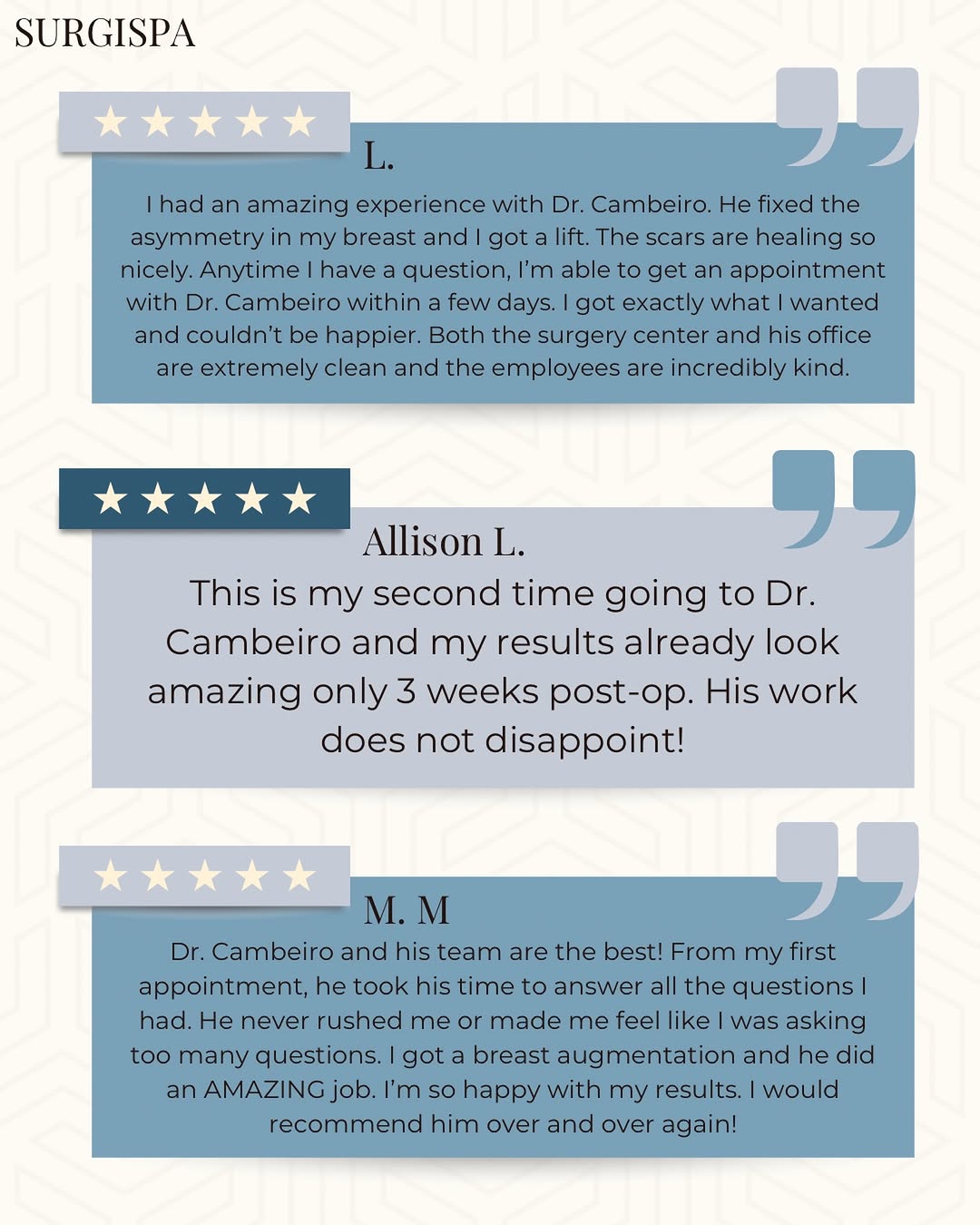 Instagram post by Dr. Arthur M. Cambeiro: 💬 We love hearing from our patients! From your first consultation to your treatment and follow-up care, we want every step of your experien…
