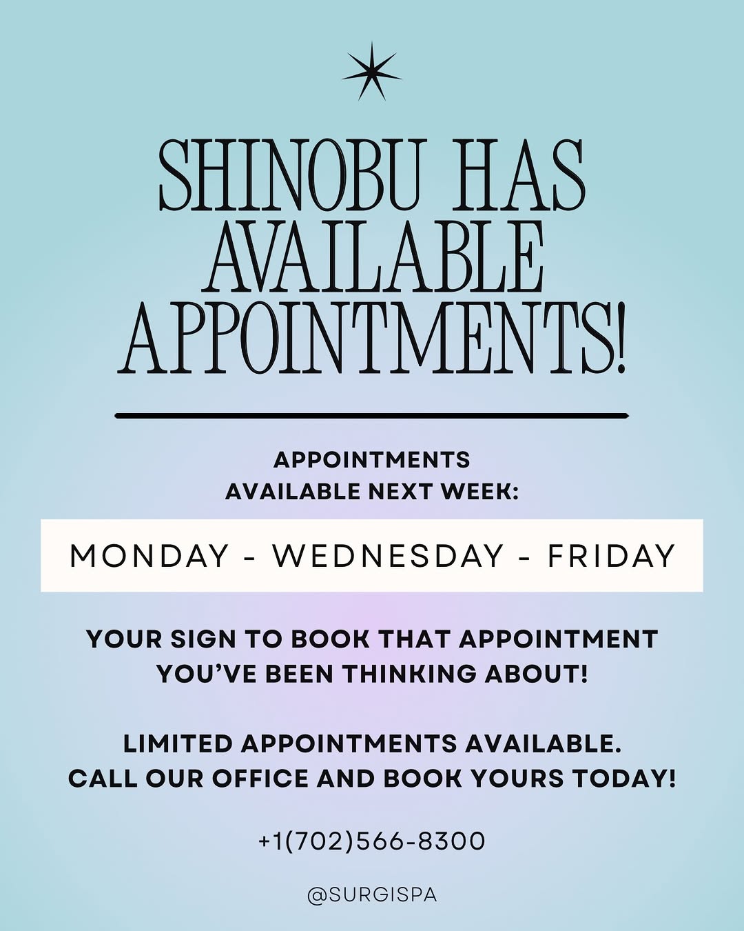 Instagram post by Dr. Arthur M. Cambeiro: Been thinking about booking? Consider this your sign. 👀✨ Nurse Shinobu has availability Monday, Wednesday & Friday next week for your favor…