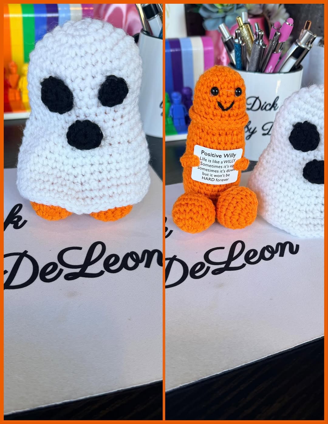 Instagram post by Dr. Ashley DeLeon: A Positive Willie in orange (my favorite color 🧡), wearing a removable Halloween ghost costume (my favorite holiday that lasts all year 👻�…