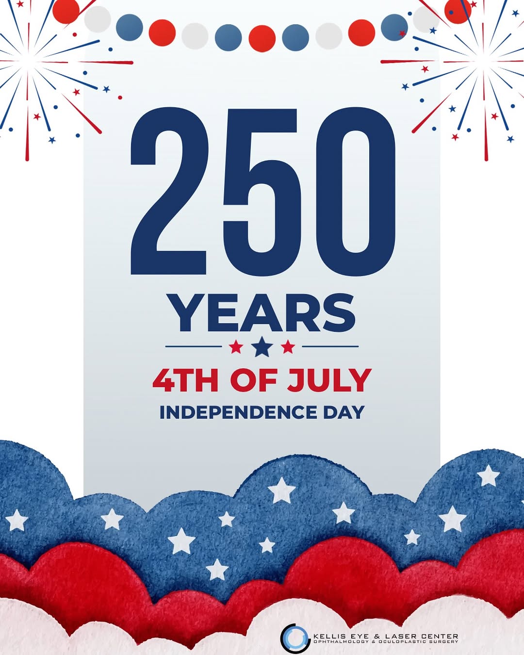 Instagram post by Dr. Augustine J. Kellis: 🇺🇸✨ Happy 4th of July from all of us at Kellis Eye & Laser Center! ❤️🤍💙 As you celebrate with family, friends, and fireworks, we wish yo…