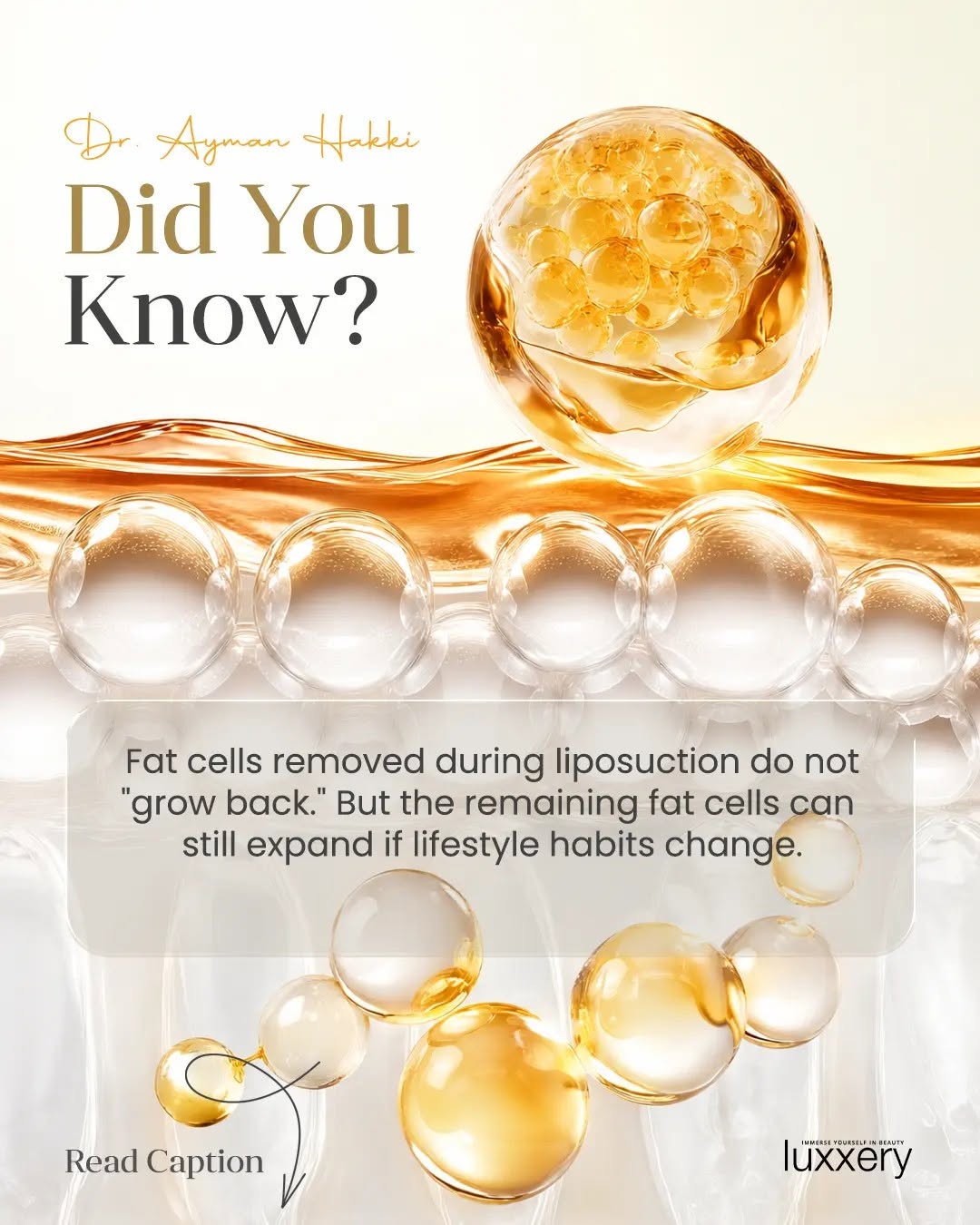 Instagram post by Dr. Ayman Hakki: 𝐃𝐢𝐝 𝐲𝐨𝐮 𝐤𝐧𝐨𝐰? Though liposuction eliminates fat cells, the remaining cells can still enlarge when weight is gained. A healthy life…