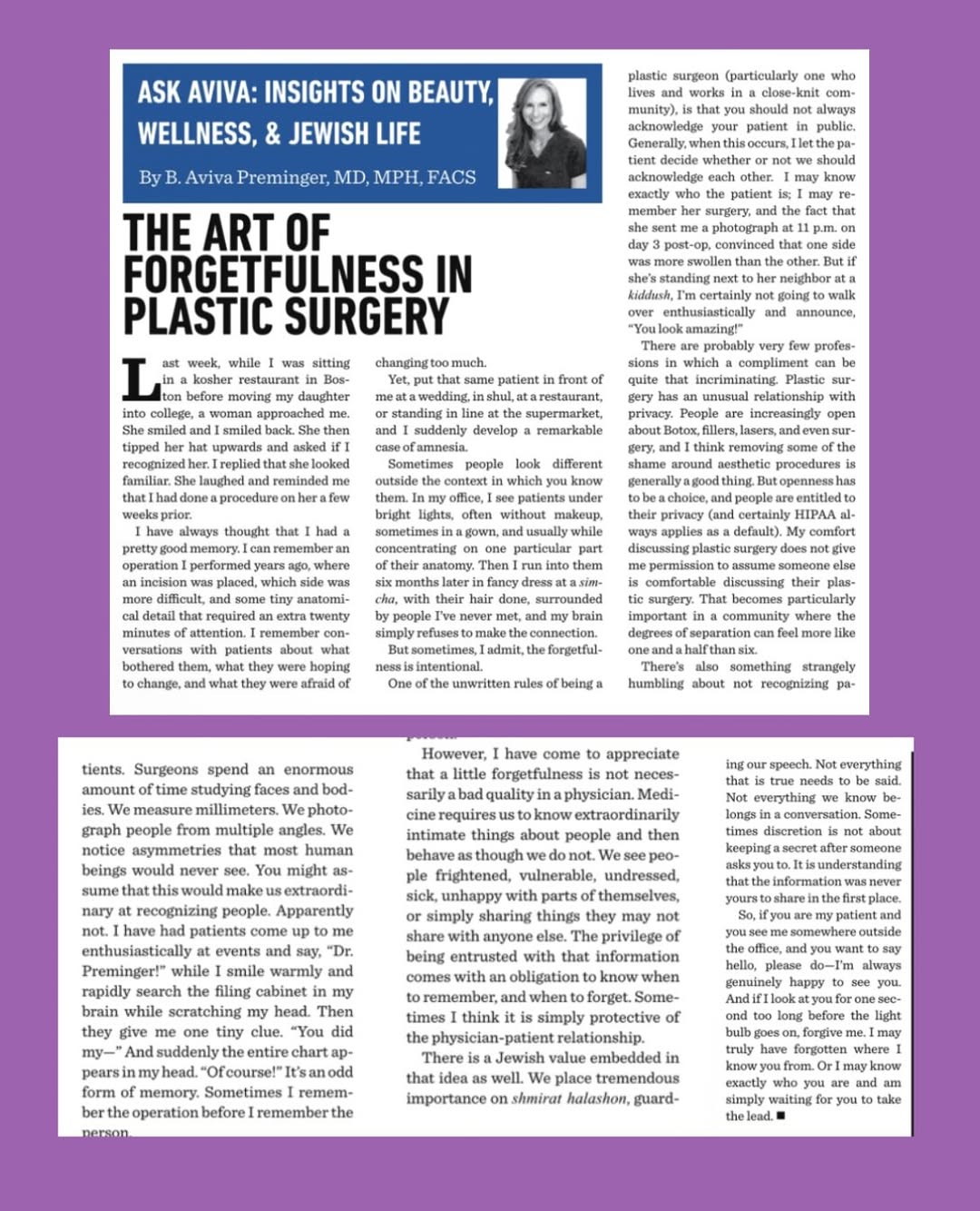 Instagram post by Dr. B. Aviva Preminger: I recently wrote about the unusual relationship between plastic surgery, privacy, and discretion, especially in a close-knit community where…