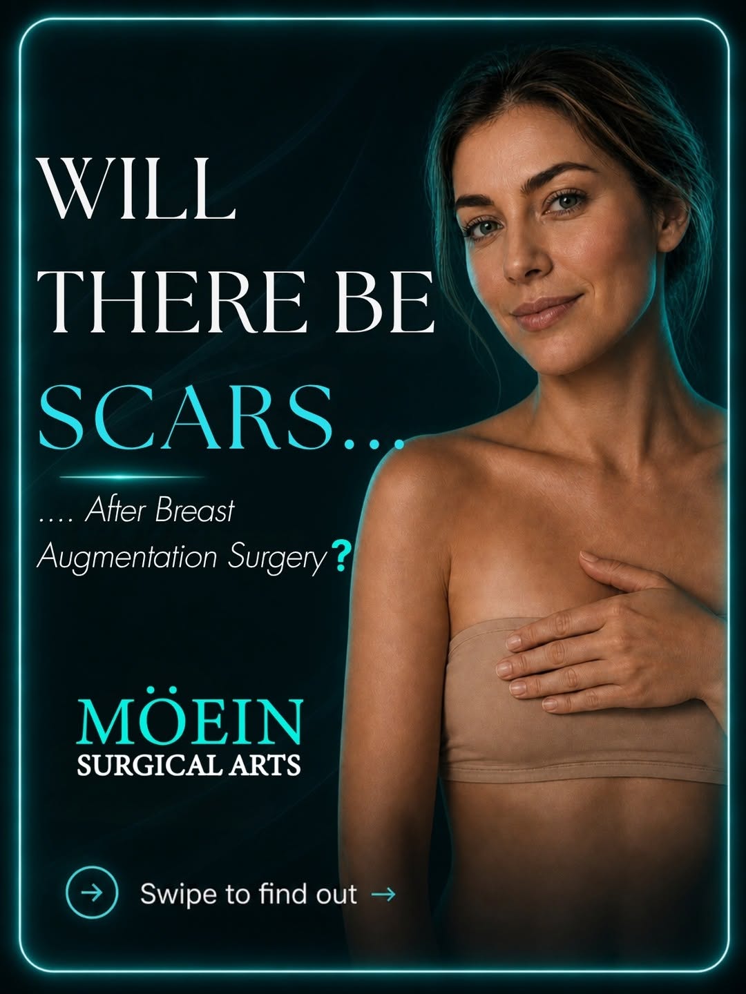 Instagram post by Dr. Babak Moeinolmolki: Will There Be Scars After Breast Augmentation Surgery? ✨ One of the most common questions patients ask before breast augmentation is: “Will …