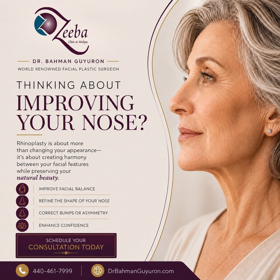 Instagram post by Dr. Bahman Guyuron: Thinking about improving your nose? Rhinoplasty is about more than changing your appearance—it's about creating harmony between your facial …