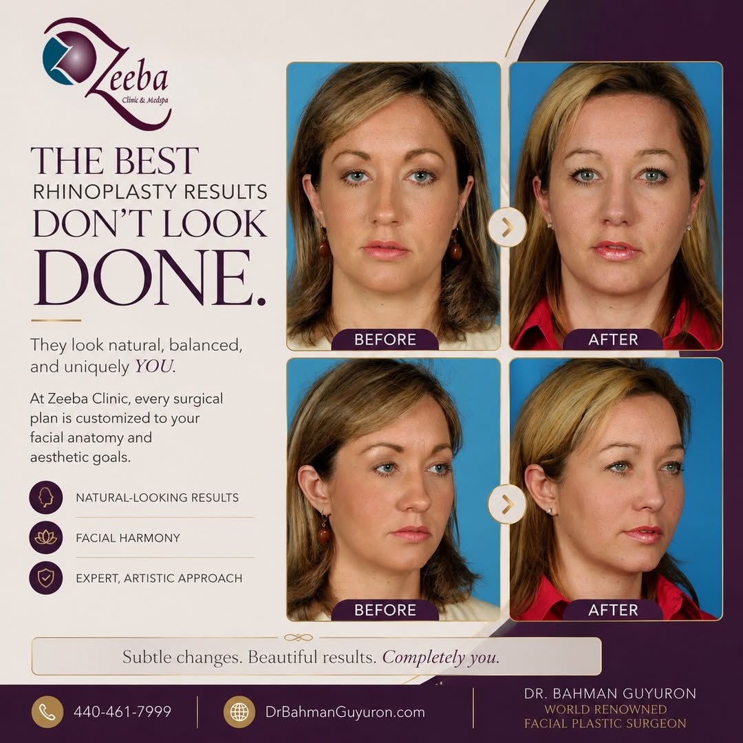Instagram post by Dr. Bahman Guyuron: The best rhinoplasty results don't look "done." They look natural, balanced, and uniquely YOU. At Zeeba Clinic & Medspa, every surgical plan…