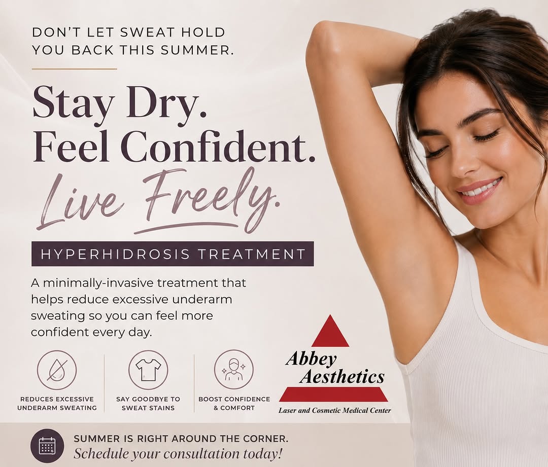 Instagram post by Dr. Barbara Padilla: ☀️ Stay dry. Feel confident this summer. Abbey Aesthetics offers Hyperhidrosis Treatment to help reduce excessive underarm sweating so you c…