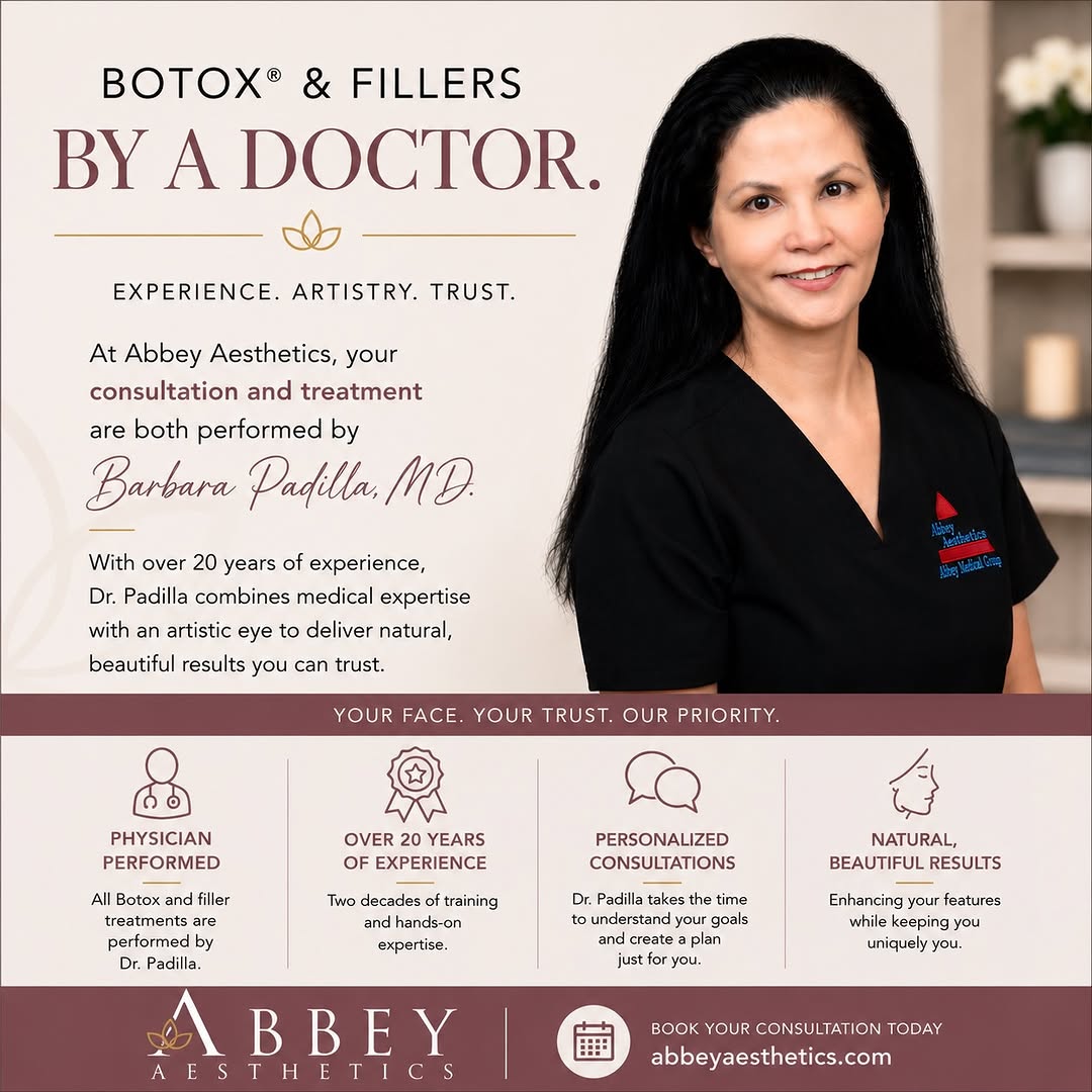 Instagram post by Dr. Barbara Padilla: Botox & Fillers by a Physician. At Abbey Aesthetics, every consultation and treatment is personally performed by Dr. Barbara Padilla. With o…