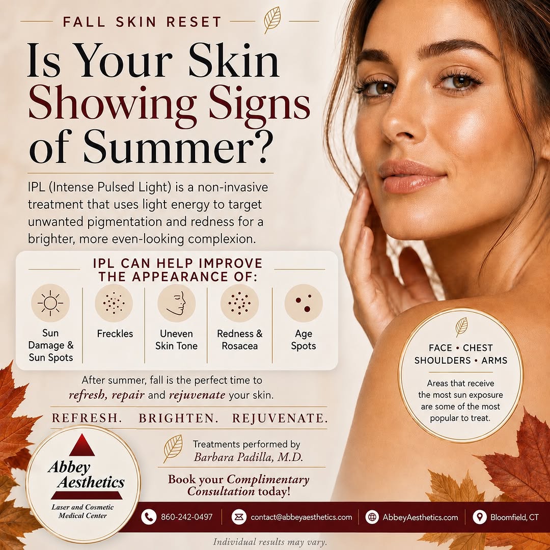Instagram post by Dr. Barbara Padilla: 🍂 Summer may be ending, but the signs of summer don’t have to stay. Fall is the perfect time to refresh your skin with IPL! ✨ Target the ap…