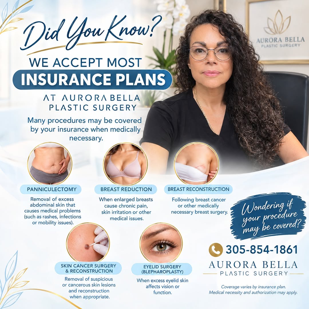 Instagram post by Dr. Bella A. Pacheco: Did you know? We accept most insurance plans! 💙 Some plastic surgery procedures may be covered by insurance when they are considered medica…