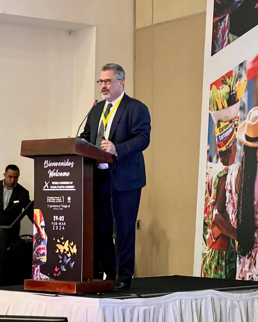 Instagram post by Dr. Benjamin C. Marcus: Lecturing on facelift surgery in Cartagena, Columbia. World congress of facial plastic surgery 2024