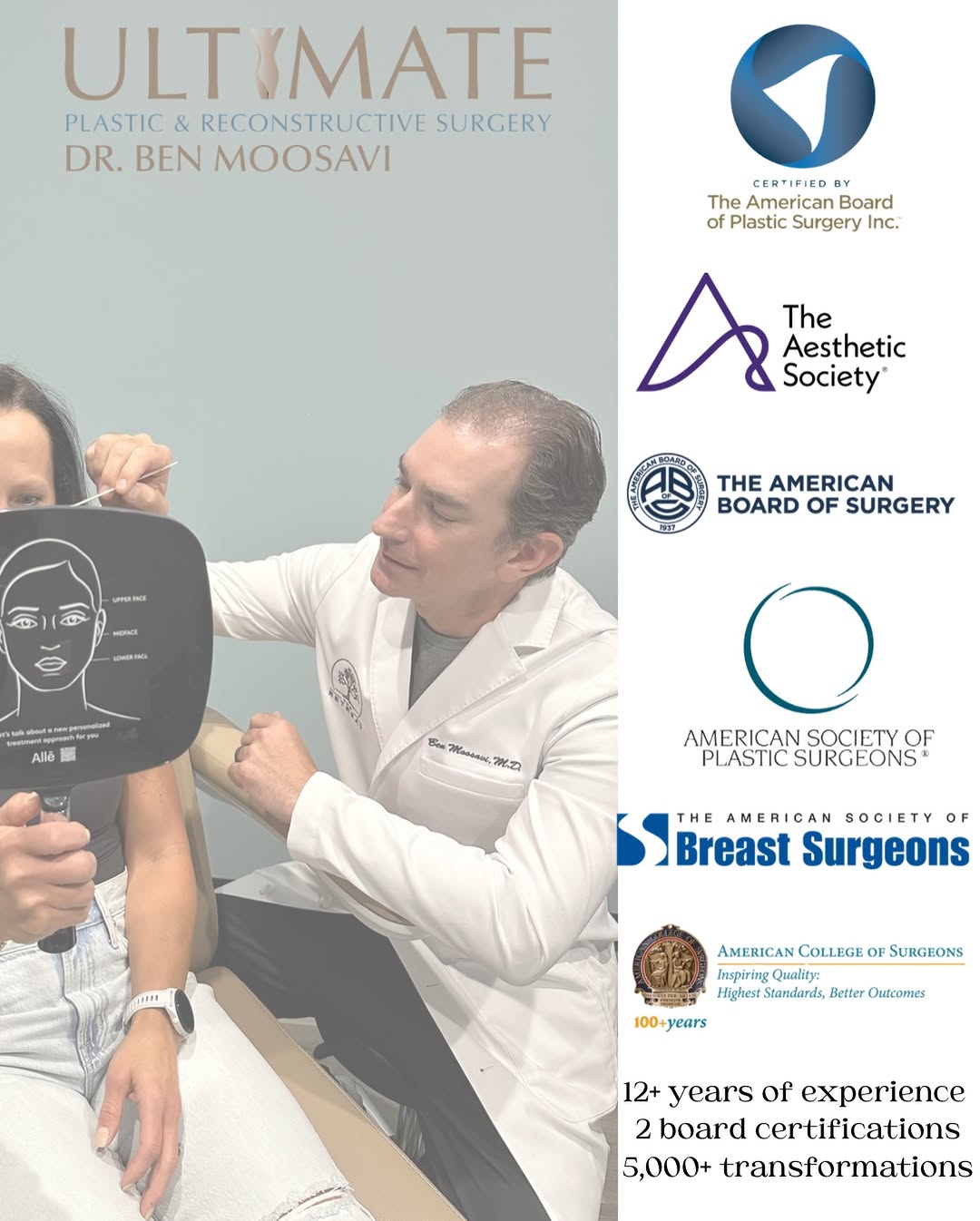 Instagram post by Dr. Benjamin Moosavi: Credentials speak louder than marketing. If your plastic surgeon’s affiliations don’t look like this, it’s worth asking why. Board-certified…