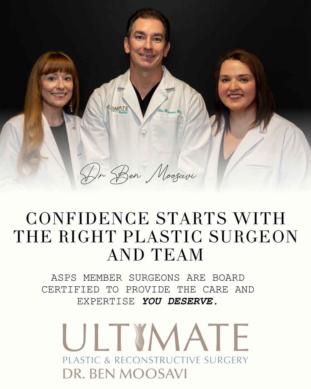 Instagram post by Dr. Benjamin Moosavi: Choosing to have plastic surgery is a deeply personal decision, choosing the right surgeon should never be optional. At ULTIMATE Plastic & R…