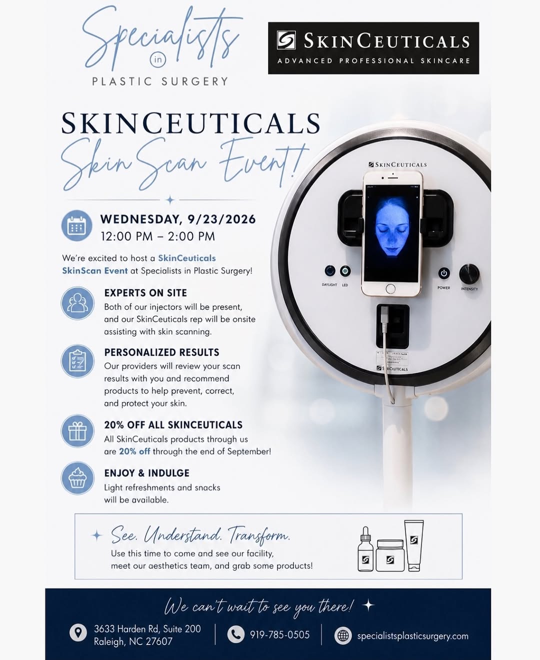 Instagram post by Dr. Benjamin Wood: You are cordially invited to a Skinceuticals Skin Analysis Event on September 23rd @12-2pm at Specialists in Plastic Surgery 🙌🏼 🎉 You wil…